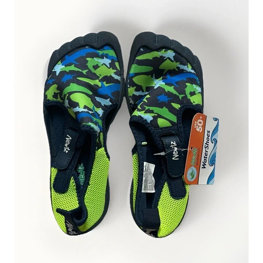 Boys NEWTZ Swim Water Shoes Size 13/1 Sharks Fishing Neon Green and Blue NWT